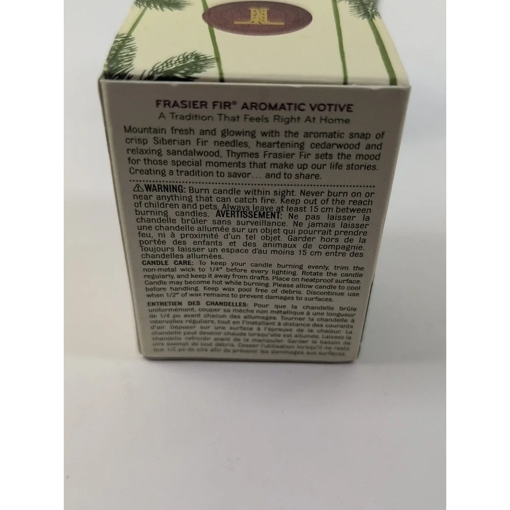 Thymes Frasier Fir Votive – Frosted Plaid Coll. Green Gold & White Glass Jar NEW